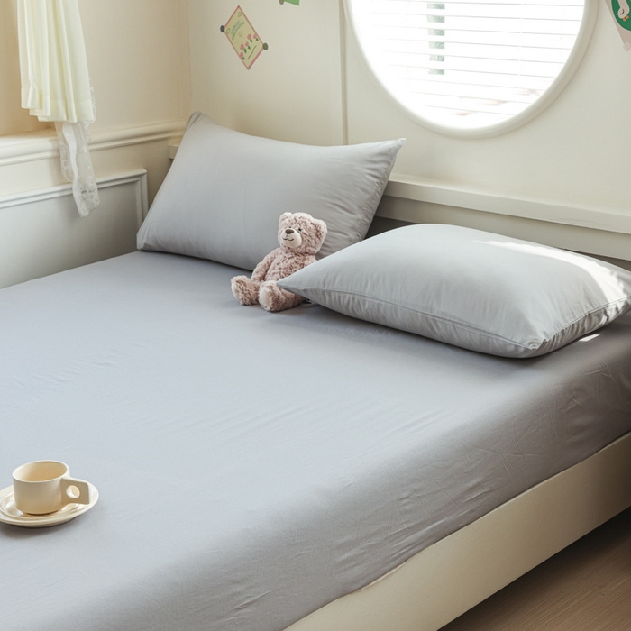 91家纺网 家纺一手货源 找家纺 2025新款全棉A类简约素色水洗棉纯棉单床笠 浅灰