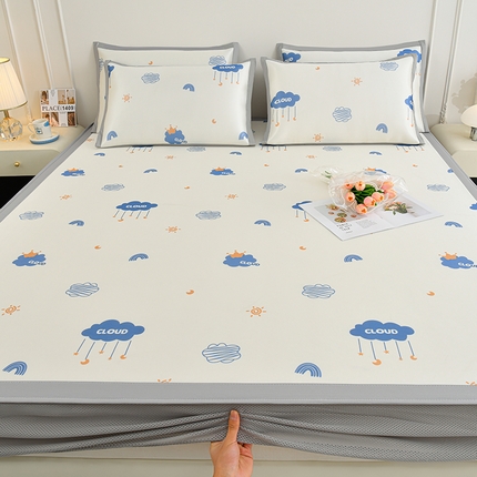 简一 2025新款A类碳光印花数码冰丝凉席系列-床笠款 蓝天白云