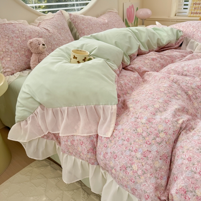 91家纺网 家纺一手货源 找家纺 苏拉家居 2025新款雪纺花边云感提花针织双层纱四件套 蔷薇花开