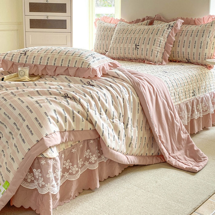 91家纺网 家纺一手货源 找家纺 2025新款直播热款A类针织棉双层纱床盖款夏被四件套 min-粉