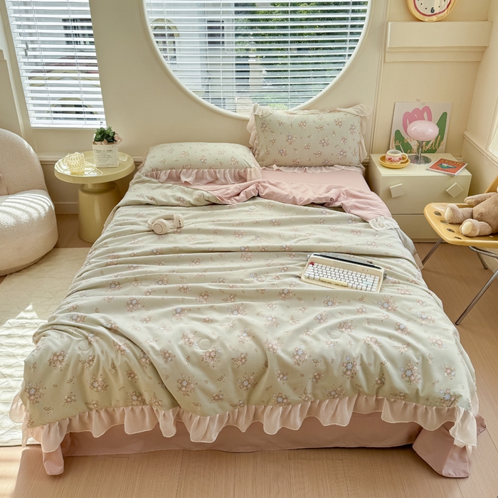 91家纺网 家纺一手货源 找家纺 苏拉家居 2025新款雪纺花边云感提花针织双层纱四件套 茶里茶气