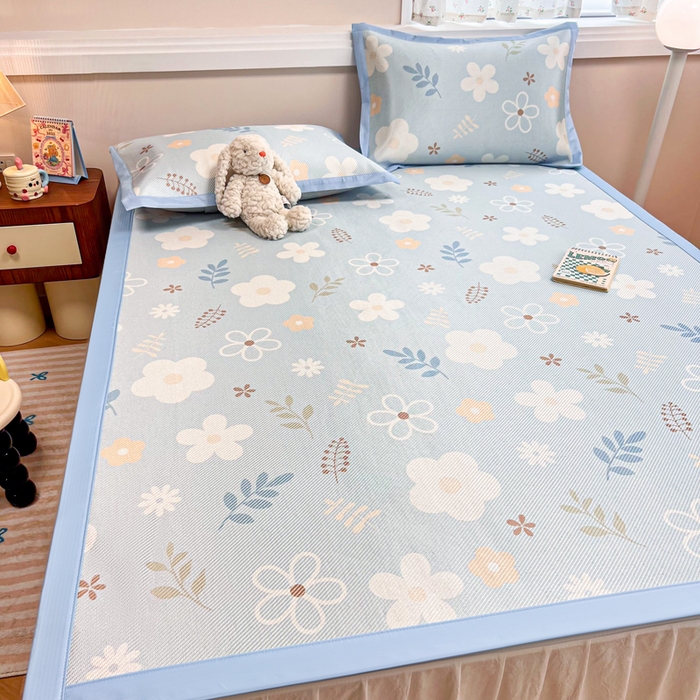 91家纺网 家纺一手货源 找家纺 慕尚家纺 2025新款数码印花床席床笠款冰藤席 床席款-花朵蓝