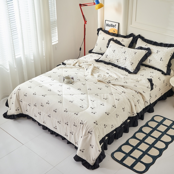 91家纺网 家纺一手货源 找家纺 蝶帕家纺 2025新款法式赫本风韩版花边床盖款夏被四件套 美味樱桃