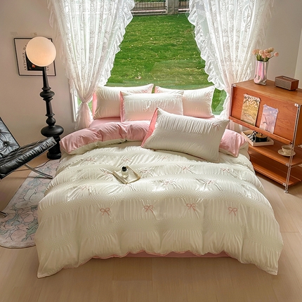 91家纺网 家纺一手货源 找家纺 （总）灰鲸 2025新款泡泡纱郁金香、蝴蝶结满绣系列套件