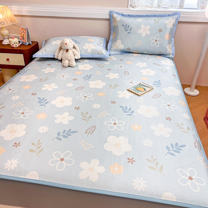 91家纺网 家纺一手货源 找家纺 慕尚家纺 2025新款数码印花床席床笠款冰藤席 床笠款-花朵蓝