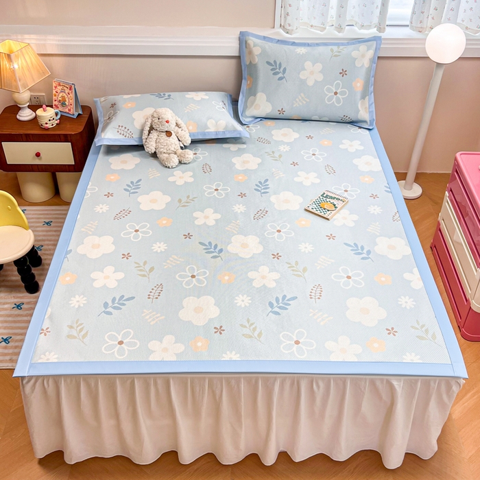 91家纺网 家纺一手货源 找家纺 慕尚家纺 2025新款数码印花床席床笠款冰藤席 床席款-花朵蓝