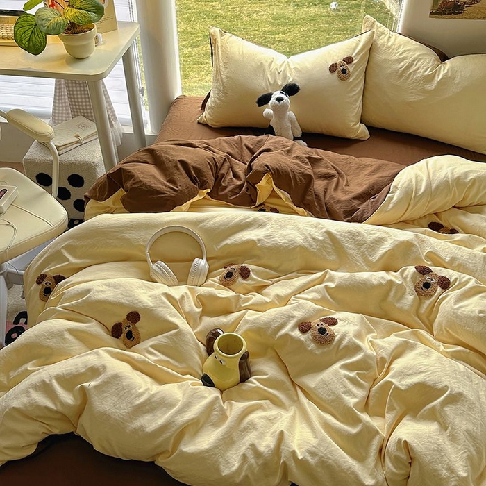 91家纺网 家纺一手货源 找家纺 耀达家居 2025新款A类水洗棉毛巾绣四件套 掌门狗-奶酪