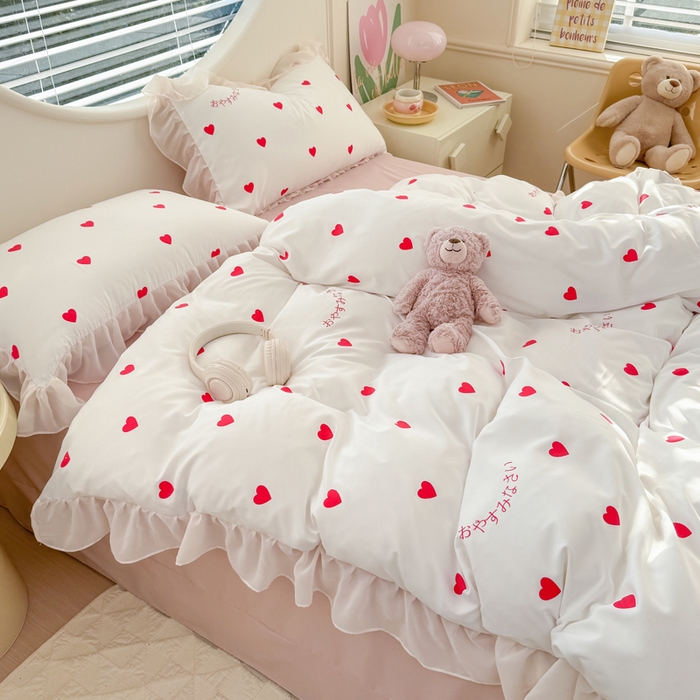 91家纺网 家纺一手货源 找家纺 苏拉家居 2025新款雪纺花边云感提花针织双层纱四件套 爱你哟