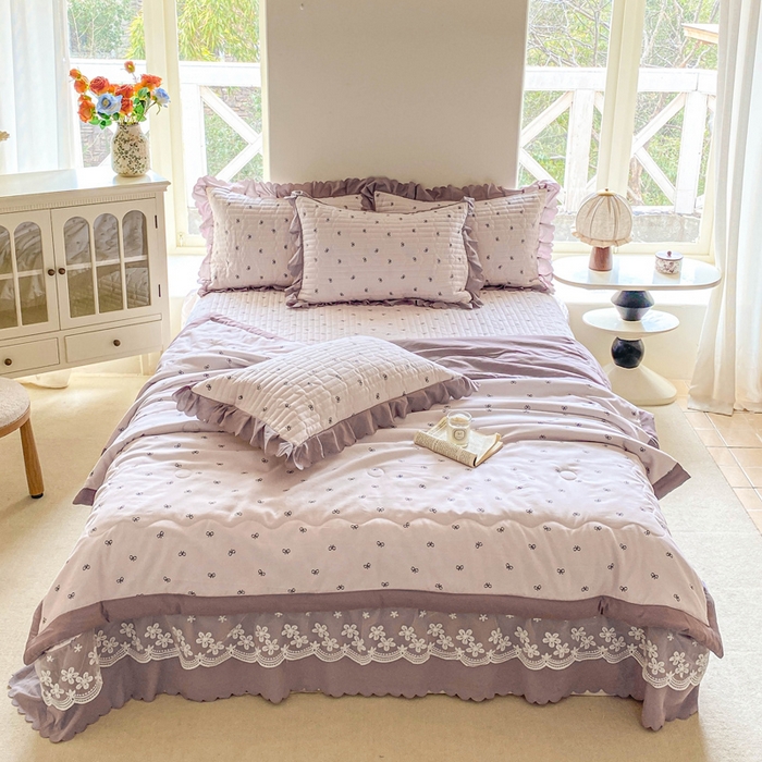 91家纺网 家纺一手货源 找家纺 2025新款直播热款A类针织棉双层纱床盖款夏被四件套 米娅