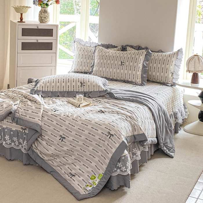 91家纺网 家纺一手货源 找家纺 2025新款直播热款A类针织棉双层纱床盖款夏被四件套 min-灰