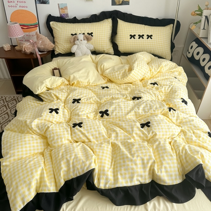 91家纺网 家纺一手货源 找家纺 （总）子钦家纺 2025新款水洗棉云朵棉韩版花边毛巾绣床单，床笠，床裙四件套-蝴蝶结系列