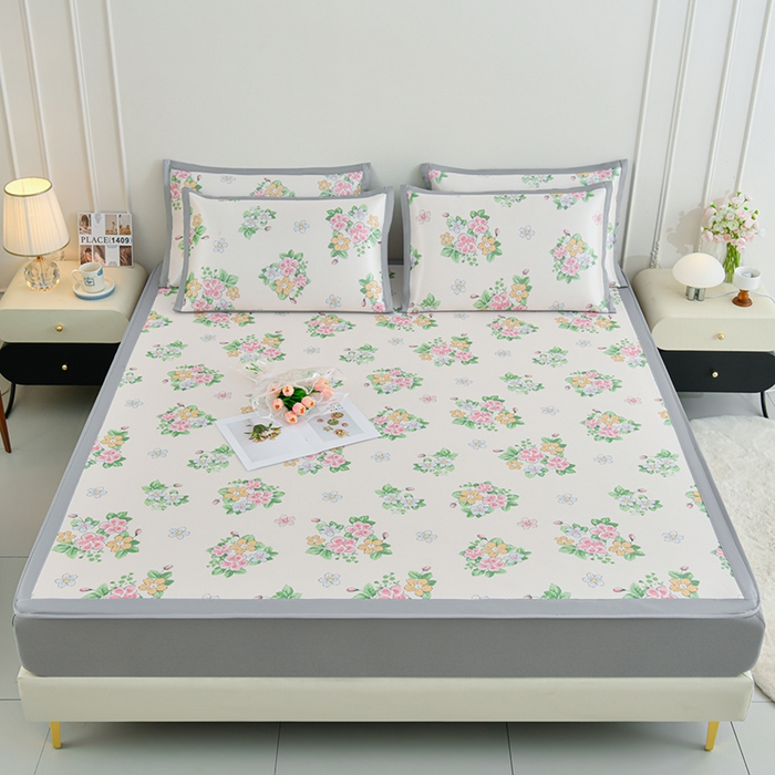 91家纺网 家纺一手货源 找家纺 简一 2025新款A类碳光印花数码冰丝凉席系列-床笠款 满园春色