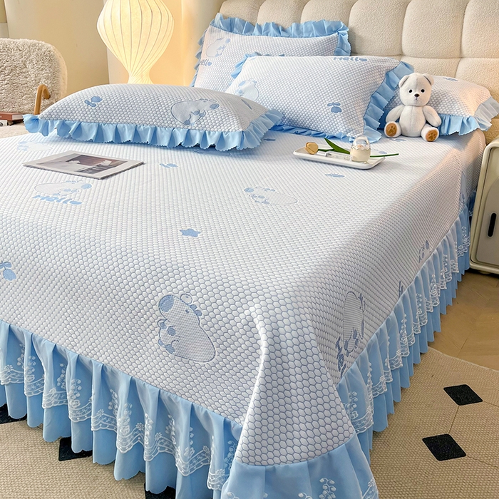 91家纺网 家纺一手货源 找家纺 2025新款A类冰豆豆提花凉席床盖 床盖款-卡皮巴拉-雾蓝