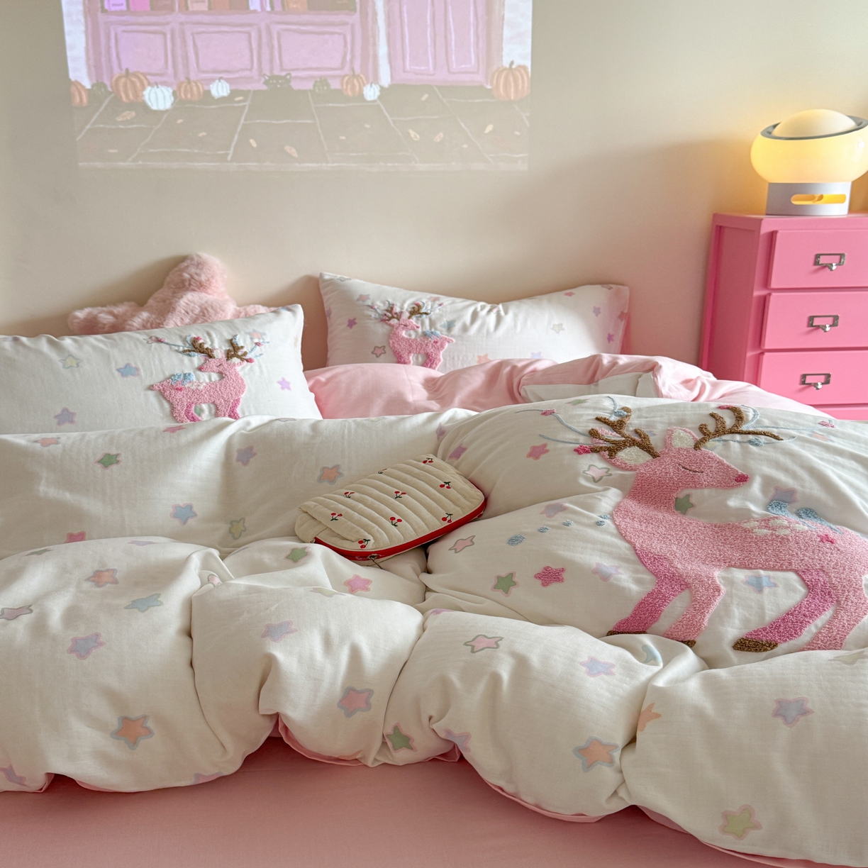 91家纺网 家纺一手货源 找家纺 柚子 2025春夏新款全棉纯棉双层纱毛巾绣四件套 麋鹿