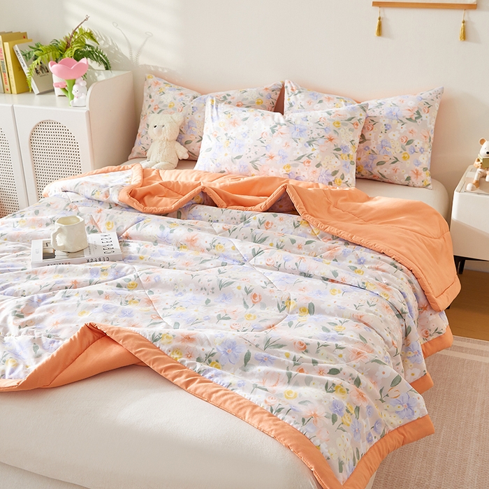 91家纺网 家纺一手货源 找家纺 海洋家纺 2025款水洗棉纯棉花夏凉被全棉花印花夏被空调被薄被子 沁香园桔