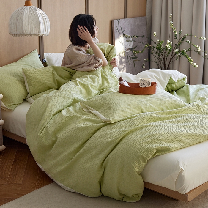 91家纺网 家纺一手货源 找家纺 风向标家纺 2025新款全棉波纹纱提花原木风四件套 波纹纱-心漾绿