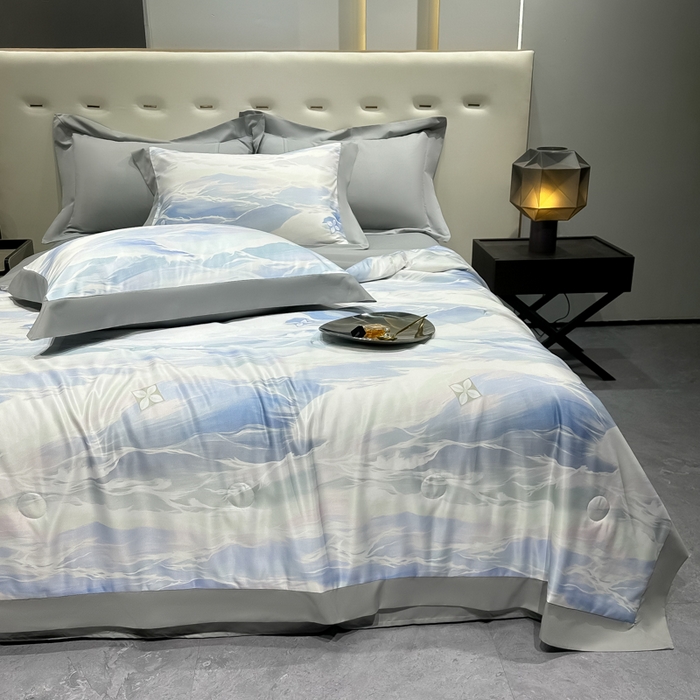 91家纺网 家纺一手货源 找家纺 2025年夏季热门冰丝数码印花单夏被夏凉被空调被 夏被-紫云蓝