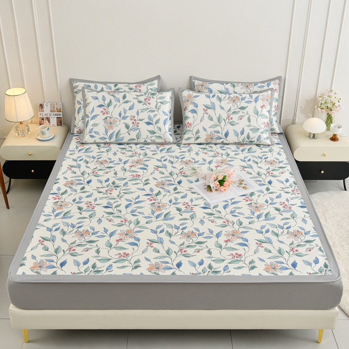 91家纺网 家纺一手货源 找家纺 简一 2025新款A类碳光印花数码冰丝凉席系列-床笠款 花枝招展