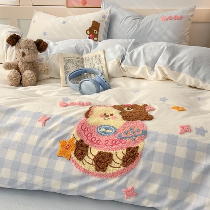如一 2025新款A类ins风卡通毛巾绣水洗棉四件套 蛋糕熊