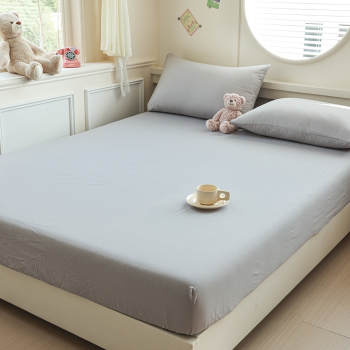 91家纺网 家纺一手货源 找家纺 2025新款全棉A类简约素色水洗棉纯棉单床笠 浅灰