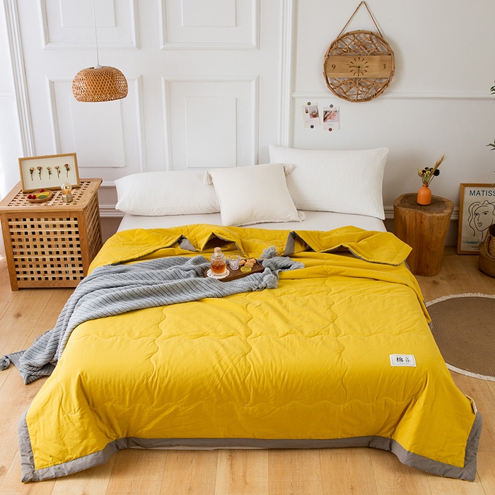 91家纺网 家纺一手货源 找家纺  天瑜 2024全棉夏被棉花芯纯色水洗棉夏凉被可水洗空调被 明亮黄