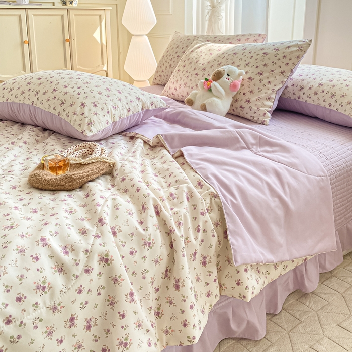 91家纺网 家纺一手货源 找家纺 2025新款针织双层纱夏被床盖四件套单夏被单床盖单品 紫色依恋