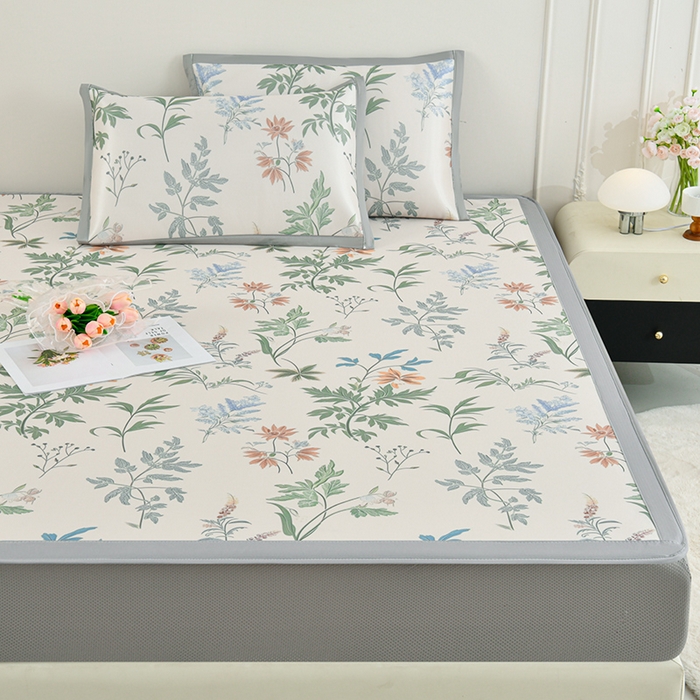 91家纺网 家纺一手货源 找家纺 简一 2025新款A类碳光印花数码冰丝凉席系列-床笠款 花间细雨