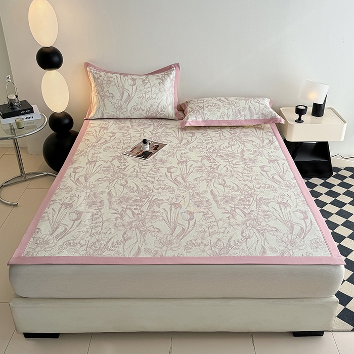 91家纺网 家纺一手货源 找家纺 格真2025新款简约印花冰藤席席子凉席 莫奈花园-粉