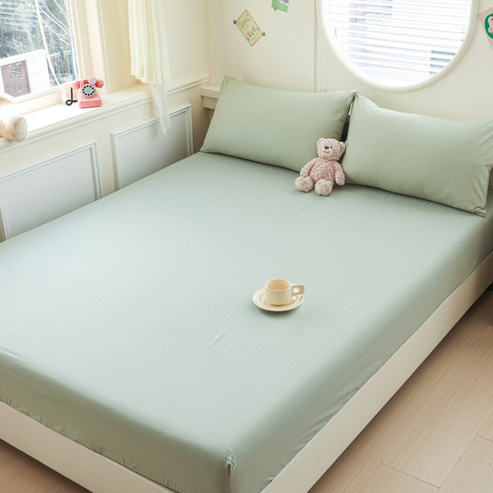 91家纺网 家纺一手货源 找家纺 2025新款全棉A类简约素色水洗棉纯棉单床笠 薄荷绿