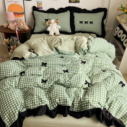 91家纺网 家纺一手货源 找家纺 （总）子钦家纺 2025新款水洗棉云朵棉韩版花边毛巾绣床单，床笠，床裙四件套-蝴蝶结系列