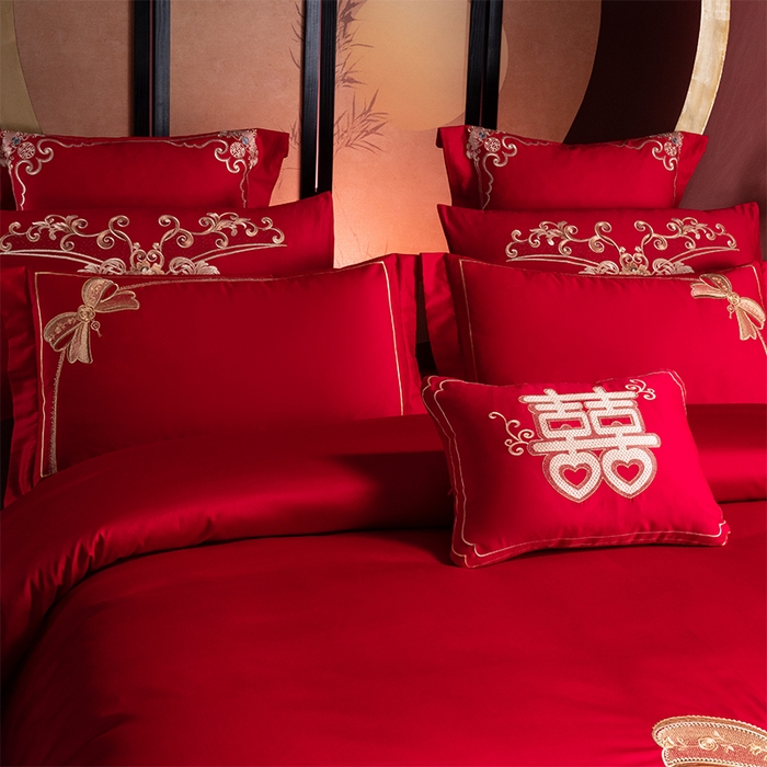 91家纺网 家纺一手货源 找家纺 博之洋婚庆 2025新款全棉长绒棉刺绣新中式婚庆系列多件套幸福快乐