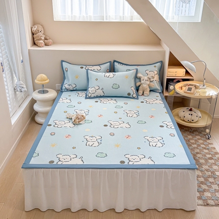 2025新款懒猫600D数码印花冰藤凉席 玩耍小狗-蓝