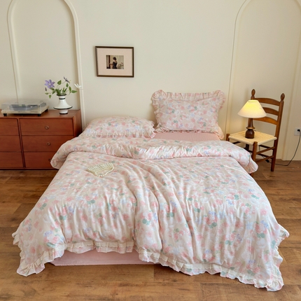 乐童家纺 2025纯棉A类双层纱双花边工艺小清新四件套 潮汐月影