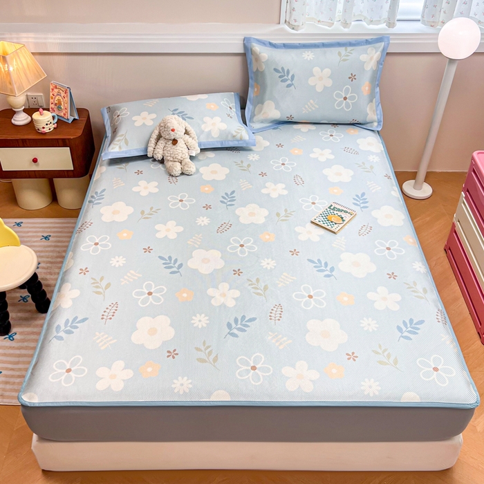 91家纺网 家纺一手货源 找家纺 慕尚家纺 2025新款数码印花床席床笠款冰藤席 床笠款-花朵蓝