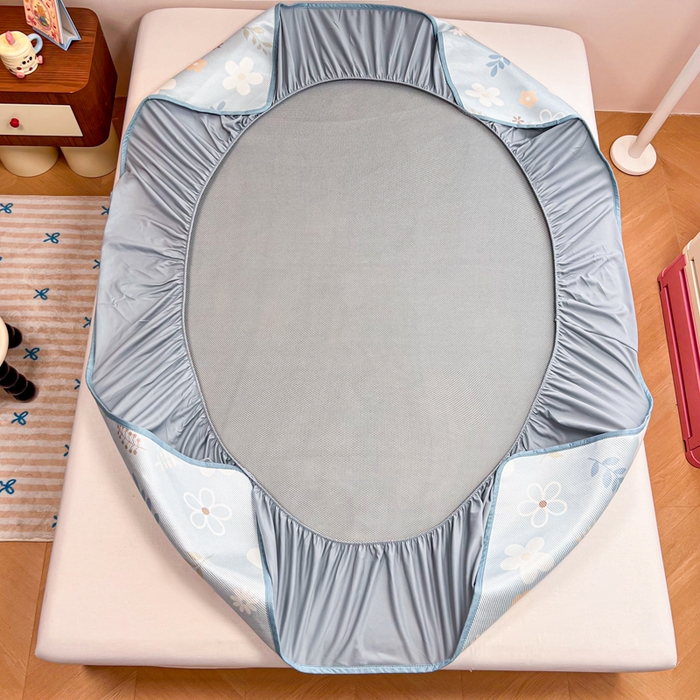 91家纺网 家纺一手货源 找家纺 慕尚家纺 2025新款数码印花床席床笠款冰藤席 床笠款-花朵蓝