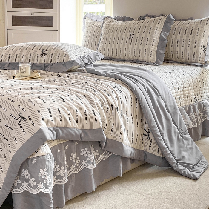 91家纺网 家纺一手货源 找家纺 2025新款直播热款A类针织棉双层纱床盖款夏被四件套 min-灰