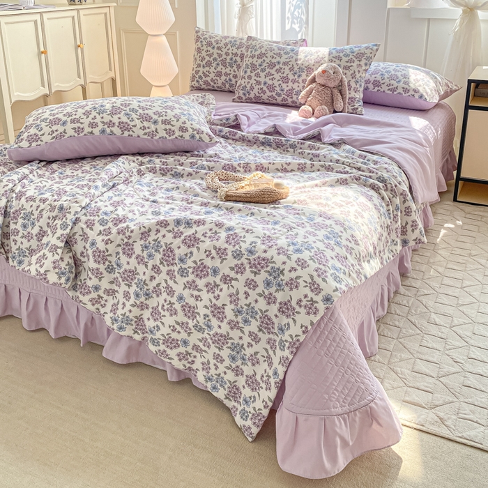 91家纺网 家纺一手货源 找家纺 2025新款针织双层纱夏被床盖四件套单夏被单床盖单品 梦幻紫藤