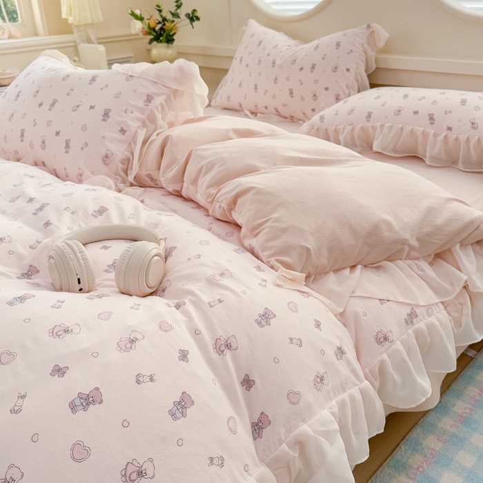 91家纺网 家纺一手货源 找家纺 苏拉家居 2025新款雪纺花边云感提花针织双层纱四件套 宠你