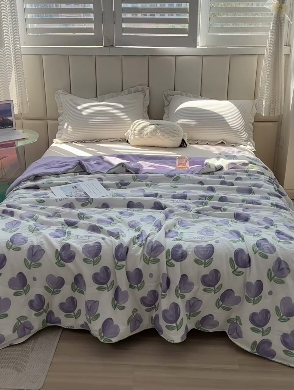 91家纺网 家纺一手货源 找家纺 富艺隆 2025新款A类水洗棉双层纱夏被水洗棉麻空调被直播爆款大豆夏被 紫色郁金香
