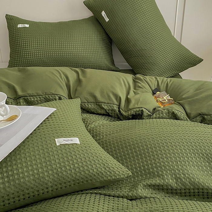 91家纺网 家纺一手货源 找家纺 仟网汇 2025新款华夫格森语系列四件套北欧简约风 抹茶