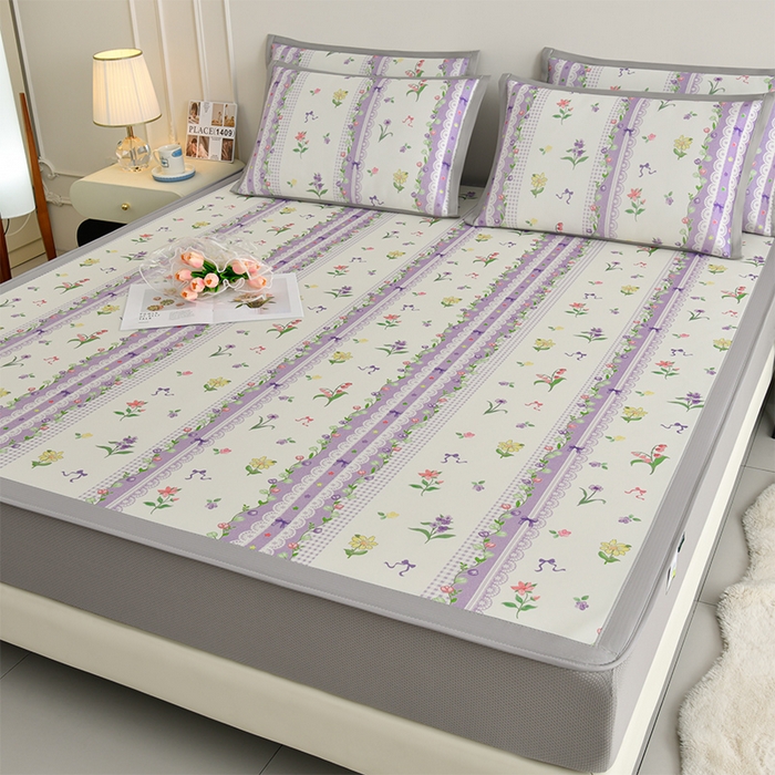 91家纺网 家纺一手货源 找家纺 简一 2025新款A类碳光印花数码冰丝凉席系列-床笠款 紫色梦境