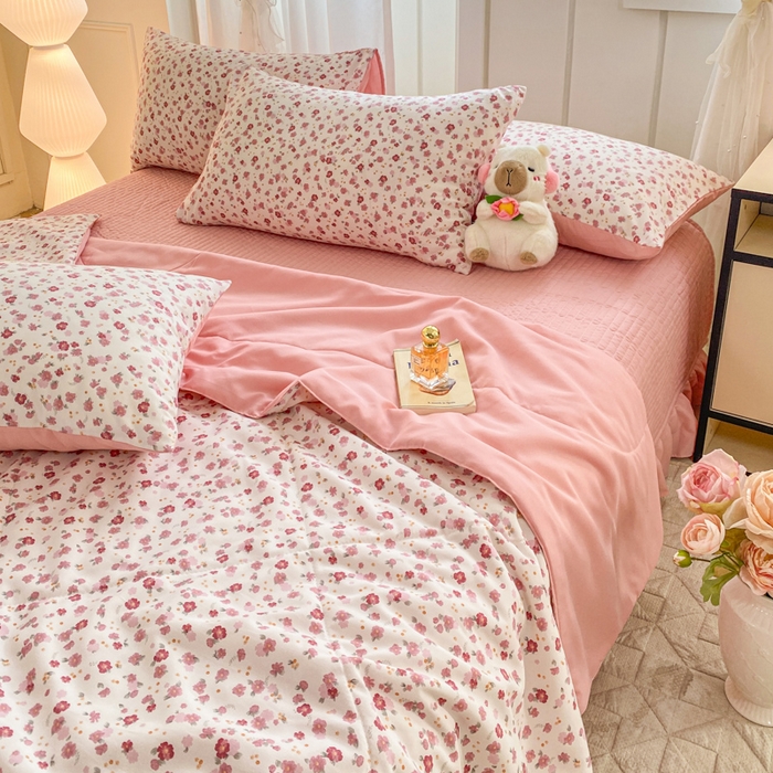 91家纺网 家纺一手货源 找家纺 2025新款针织双层纱夏被床盖四件套单夏被单床盖单品 春日小花