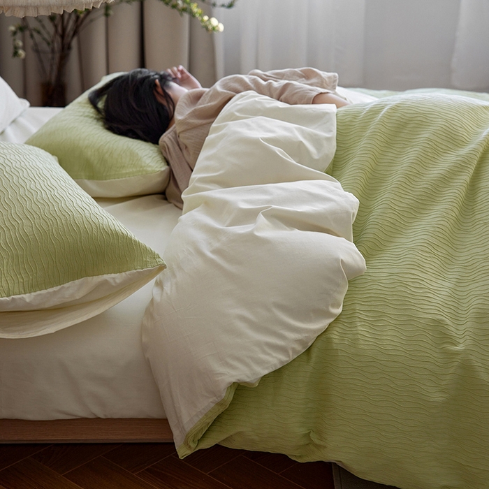 91家纺网 家纺一手货源 找家纺 风向标家纺 2025新款全棉波纹纱提花原木风四件套 波纹纱-心漾绿