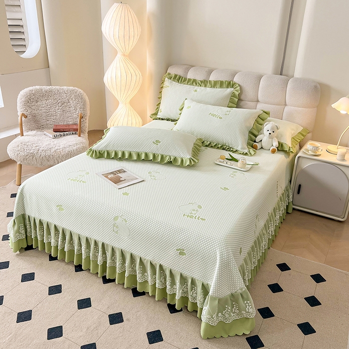 91家纺网 家纺一手货源 找家纺 2025新款A类冰豆豆提花凉席床盖 床盖款-卡皮巴拉-苹果绿