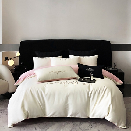 禧澜庭 2025新款高支纯棉全棉斜纹四件套刺绣绣花款轻奢三件套--卡罗系列 皓月白+柔粉