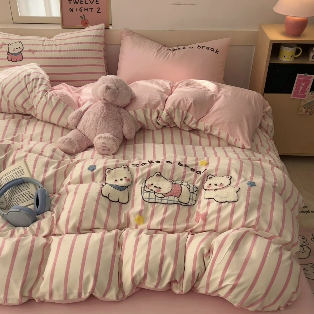 91家纺网 家纺一手货源 找家纺 （总）如一 2025新款A类ins风卡通毛巾绣水洗棉四件套