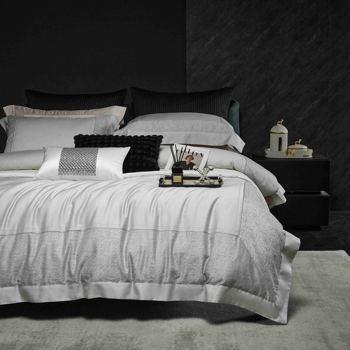 91家纺网 家纺一手货源 找家纺 榻尚家居 2025新款120支长绒棉纯棉贡缎色织提花四件套-香榭丽 香榭丽 灰