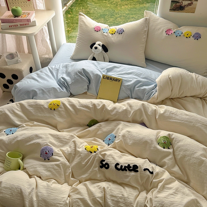 91家纺网 家纺一手货源 找家纺 耀达家居 2025新款A类水洗棉毛巾绣四件套 奇趣豆-燕麦