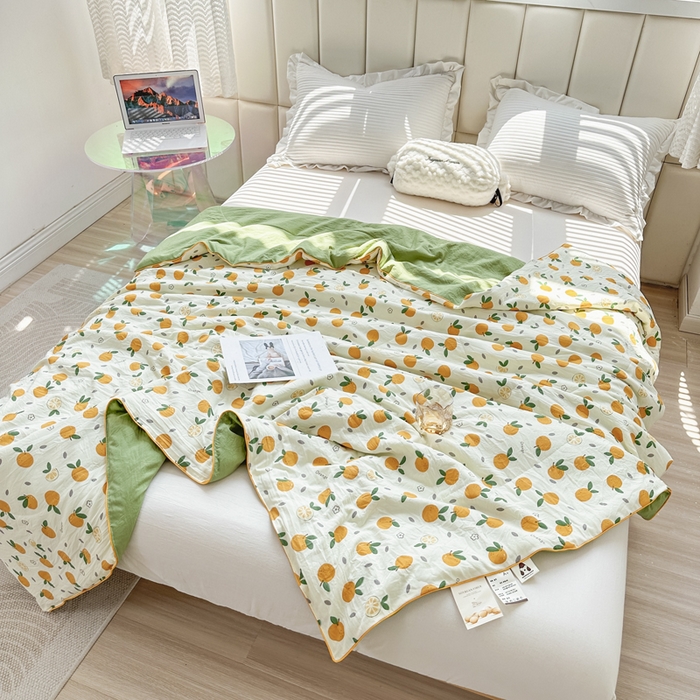 91家纺网 家纺一手货源 找家纺 富艺隆 2025新款A类水洗棉双层纱夏被水洗棉麻空调被直播爆款大豆夏被 小橘子