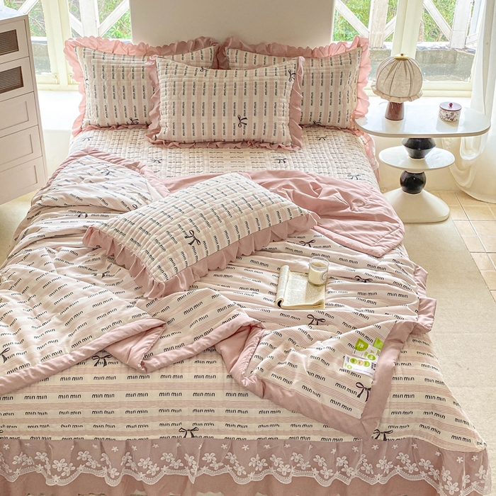 91家纺网 家纺一手货源 找家纺 2025新款直播热款A类针织棉双层纱床盖款夏被四件套 min-粉